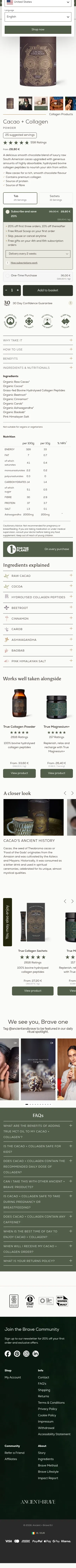 ancientandbrave.eu/products/cacao-collagen on mobile, full screenshot