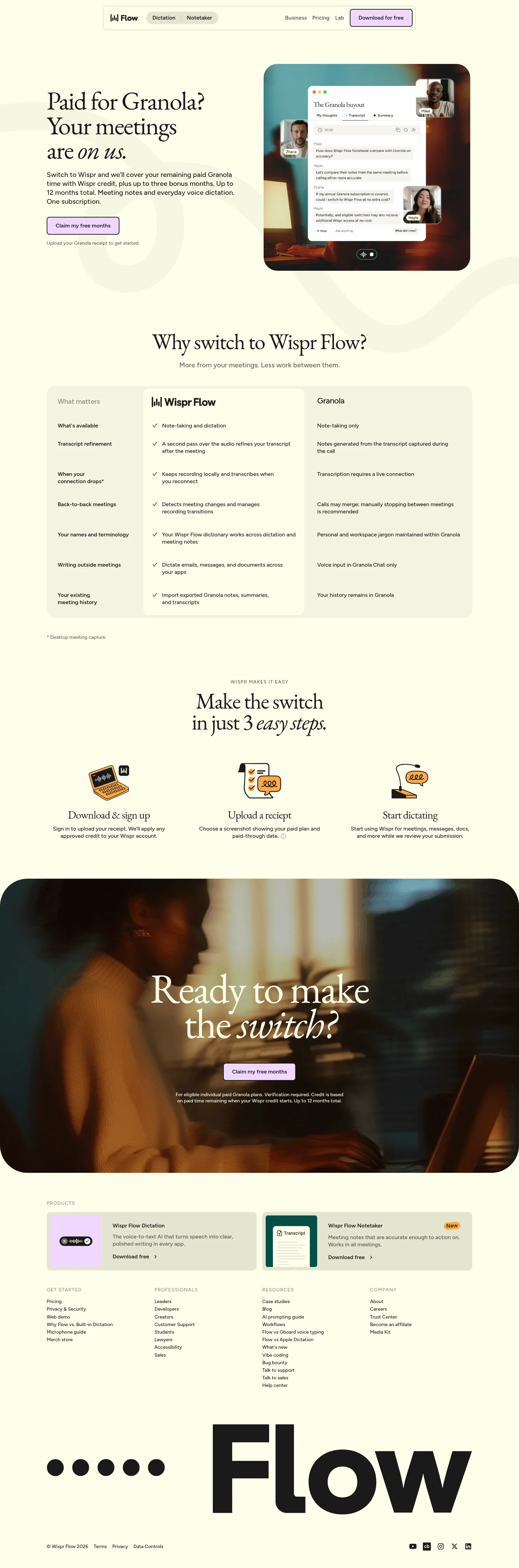 wisprflow.ai/granola-switch on desktop, full screenshot