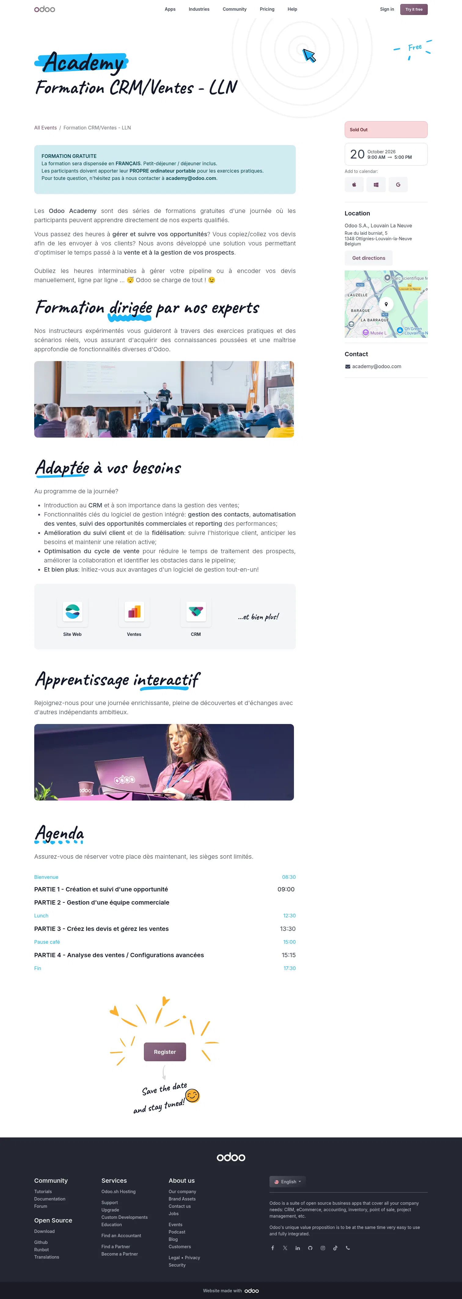 odoo.com/event/formation-crm-ventes-lln-11826/register on desktop, full screenshot