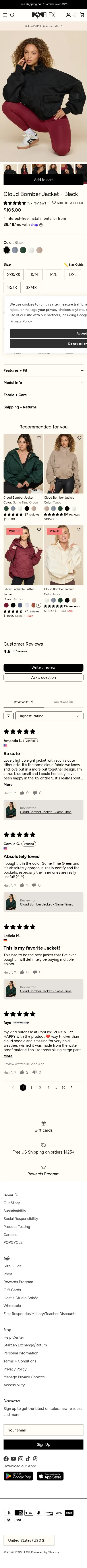 popflexactive.com/products/cloud-bomber-jacket-black on mobile, full screenshot