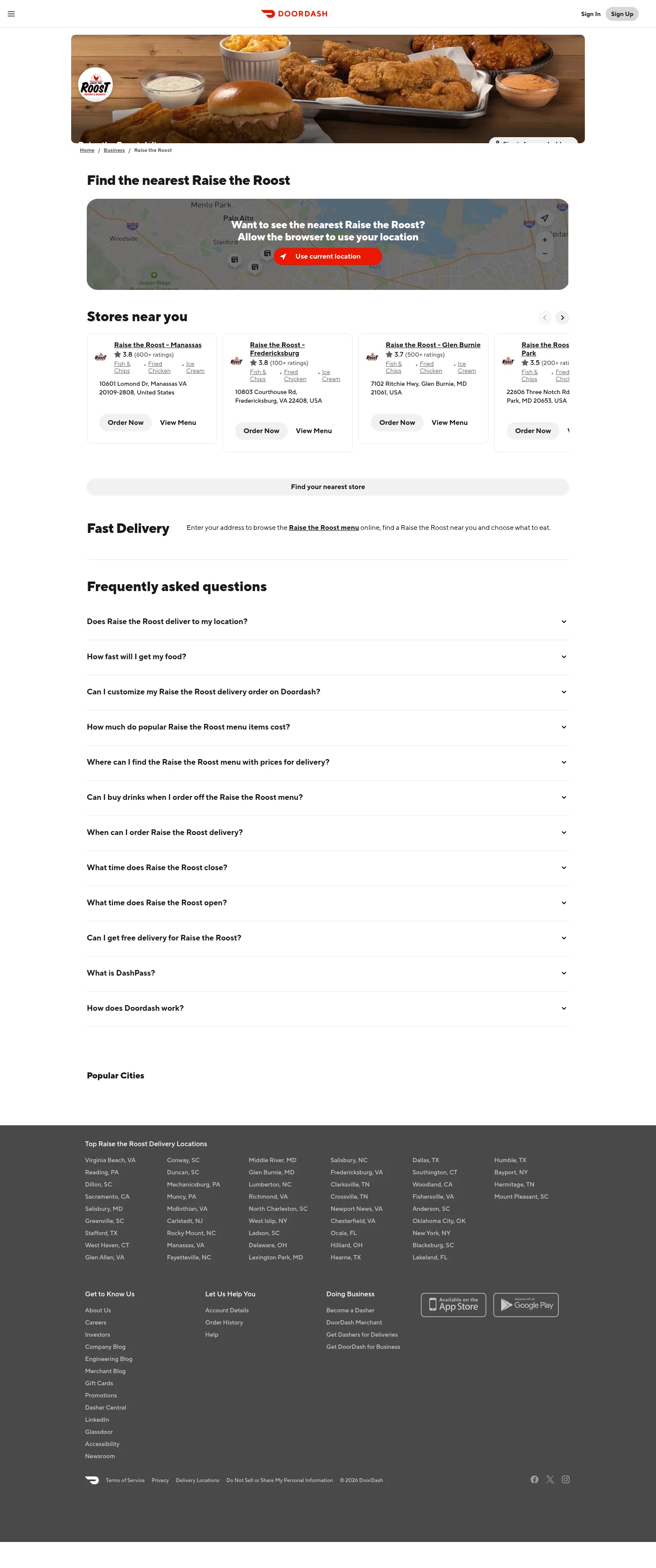 doordash.com/business/Raise-the-Roost-724685 on desktop, full screenshot
