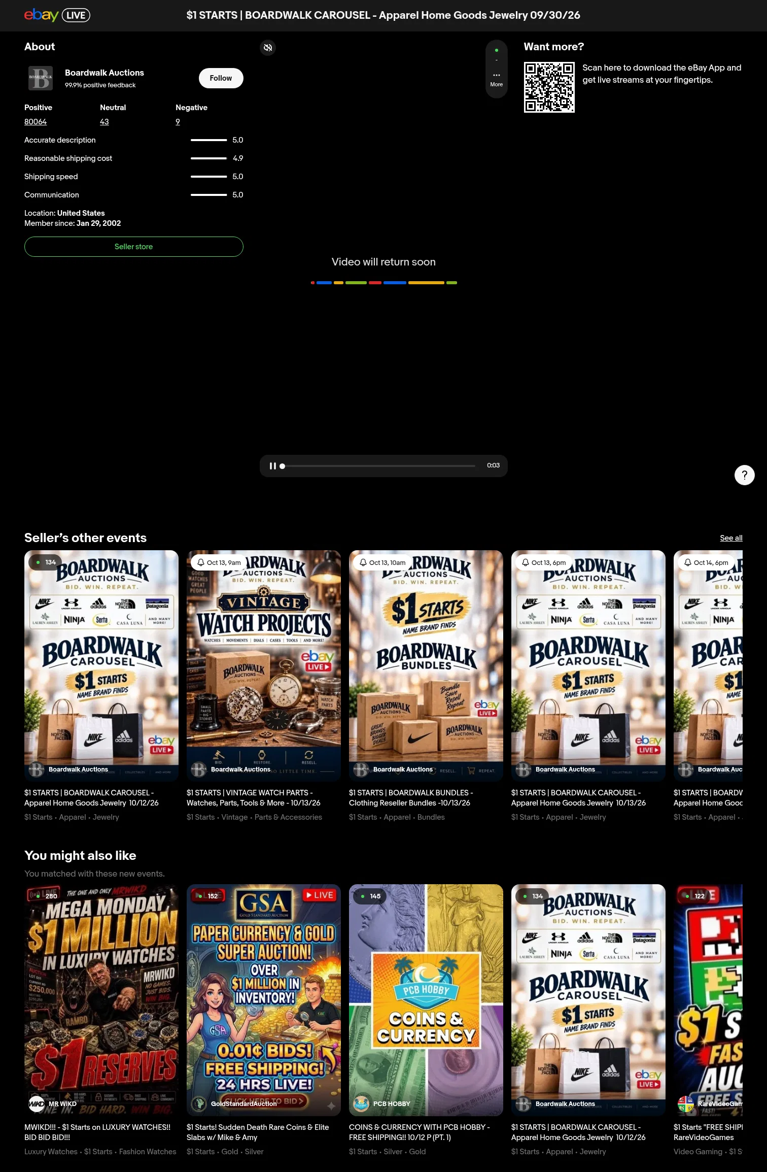 ebay.com/ebaylive/events/Yb83DaO52WOqi5Rl/stream on desktop, full screenshot