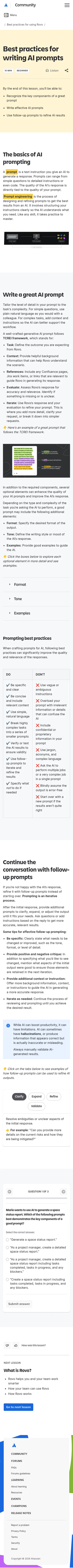 community.atlassian.com/learning/path/get-the-most-out-of-rovo/course/best-practices-for-using-rovo/lesson/best-practices-for-writing-ai-prompts on mobile, full screenshot