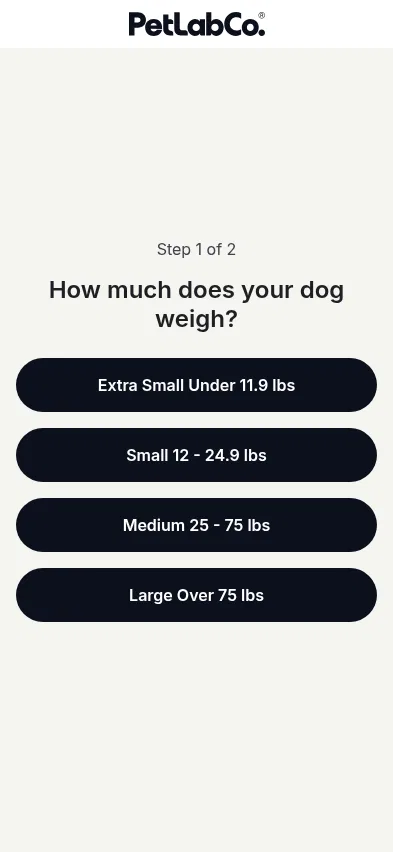 offers.thepetlabco.com/probright-advanced/quiz/twostep_step1_offer on mobile, full screenshot