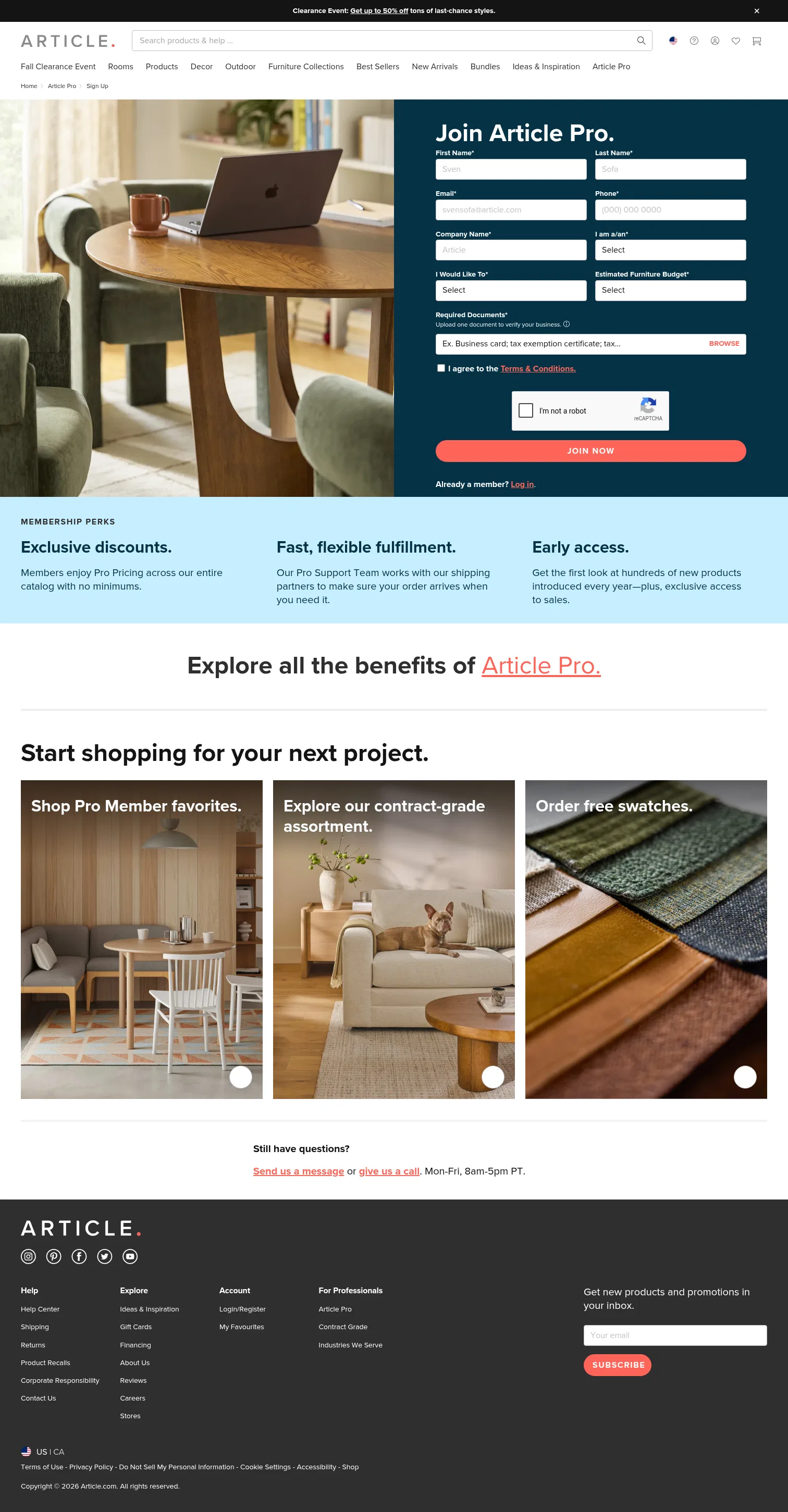 article.com/c/article-pro-sign-up on desktop, full screenshot