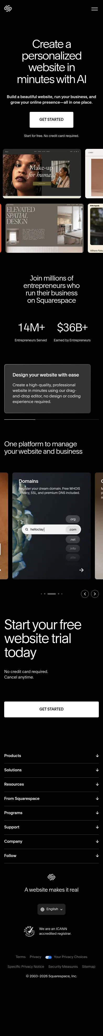 squarespace.com/go/create-a-website on mobile, full screenshot