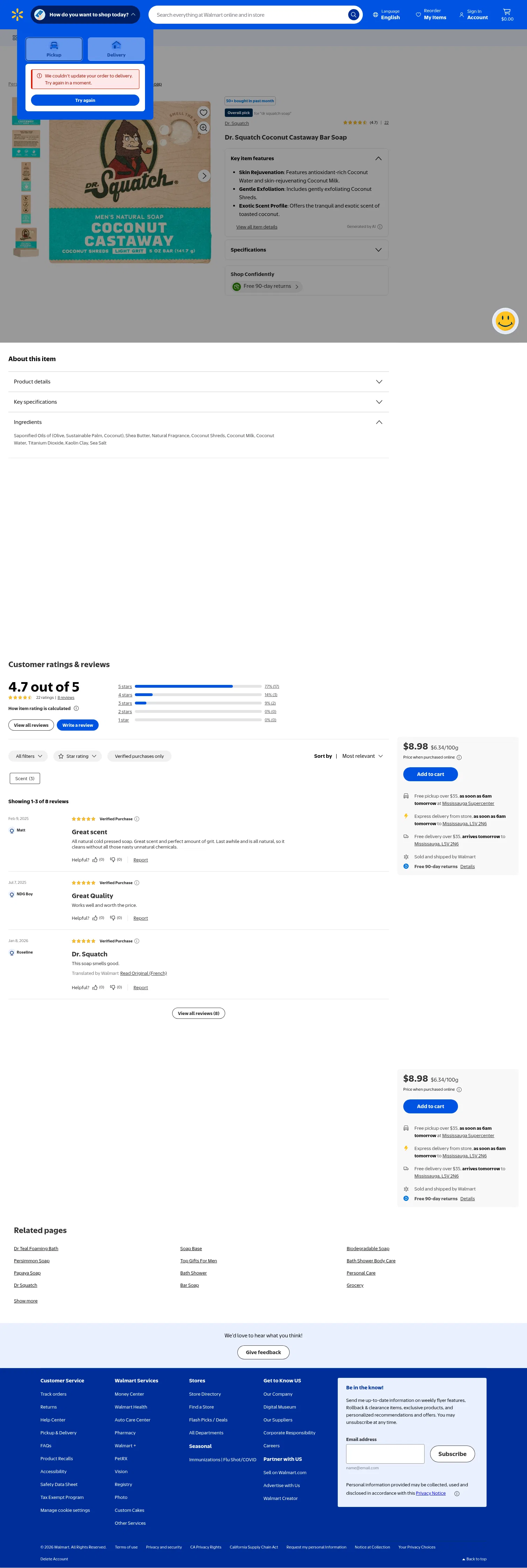 walmart.ca/en/ip/Dr-Squatch-Coconut-Castaway-Bar-Soap/6000207514912 on desktop, full screenshot