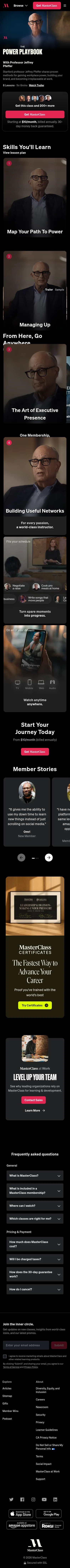masterclass.com/classes/the-power-playbook on mobile, full screenshot