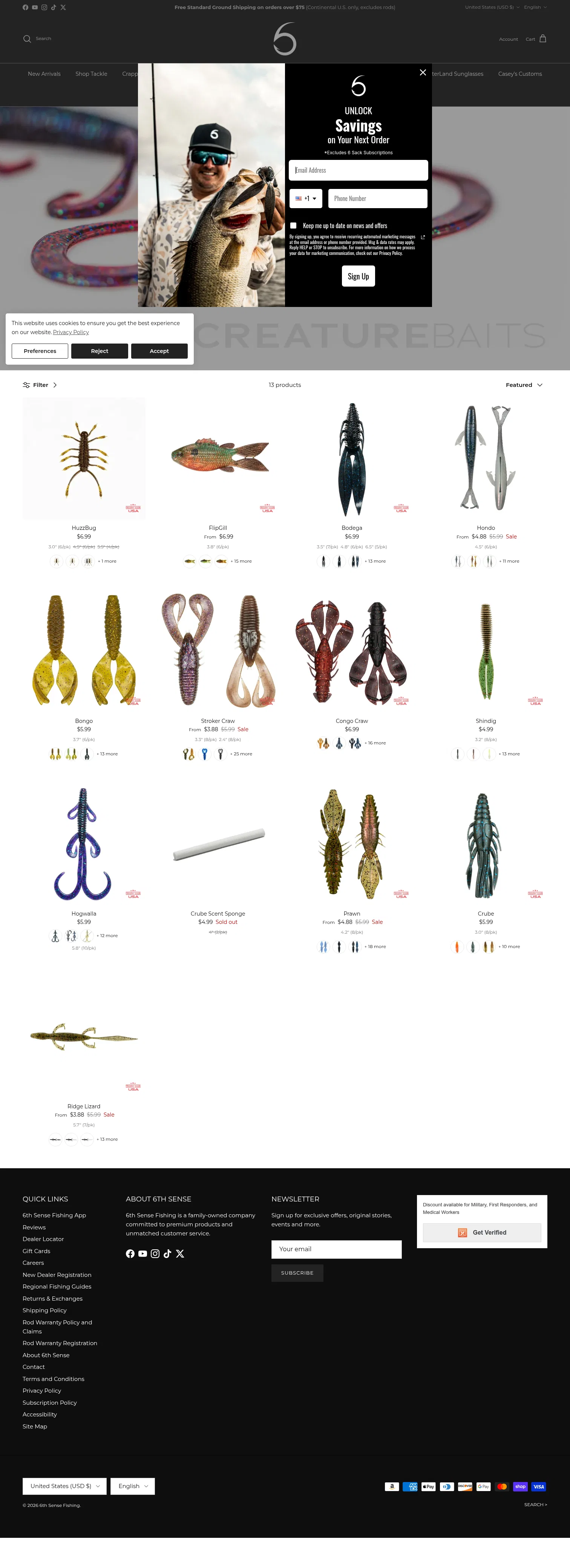 6thsensefishing.com/collections/creature-baits on desktop, full screenshot
