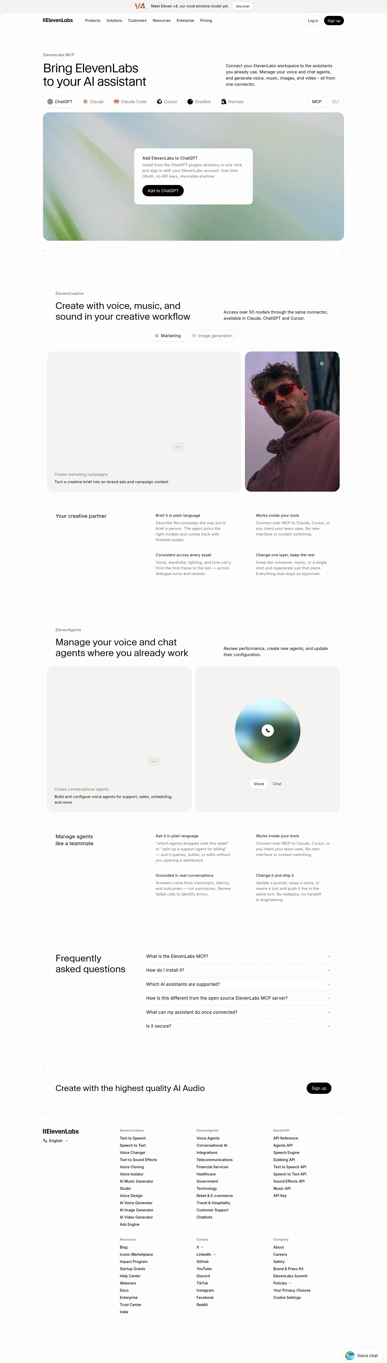 elevenlabs.io/mcp on desktop, full screenshot