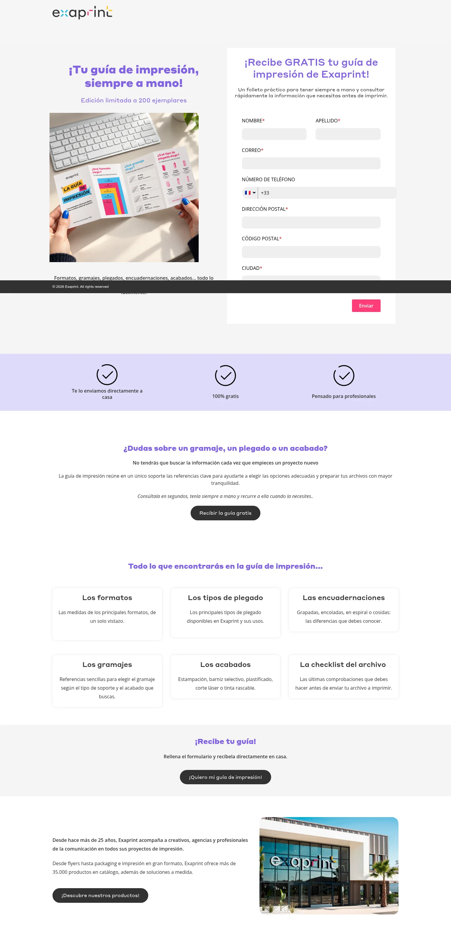Exaprint landing page