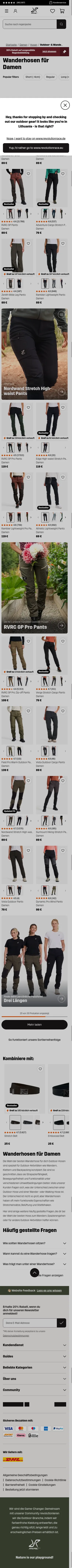 revolutionrace.de/damen/hosen/outdoor-wanderhosen on mobile, full screenshot