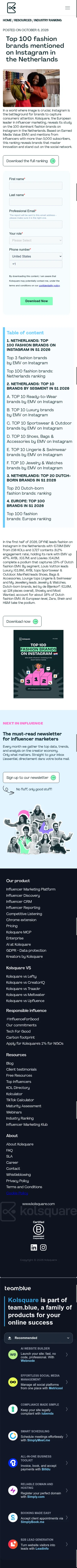 kolsquare.com/en/industry-ranking/top-100-fashion-brands-mentioned-on-instagram-in-the-netherlands on mobile, full screenshot