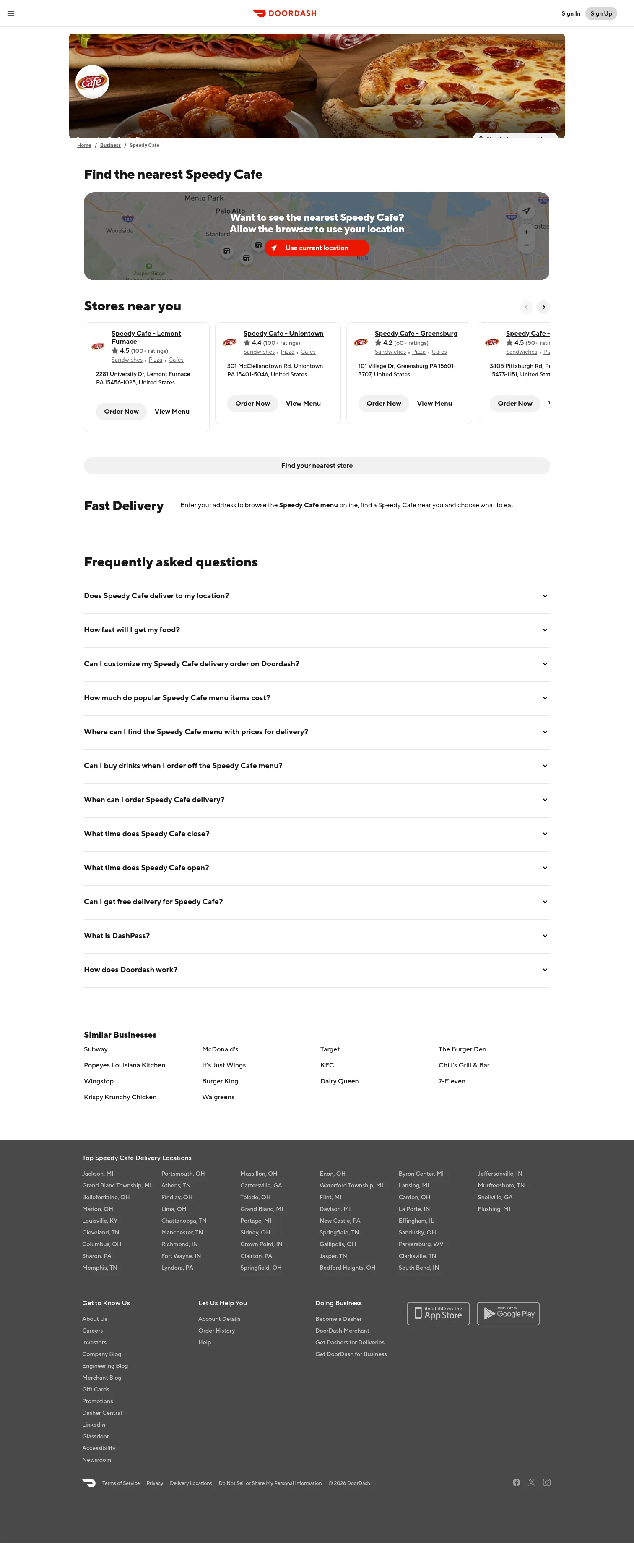 doordash.com/business/Speedy-Cafe-134169 on desktop, full screenshot