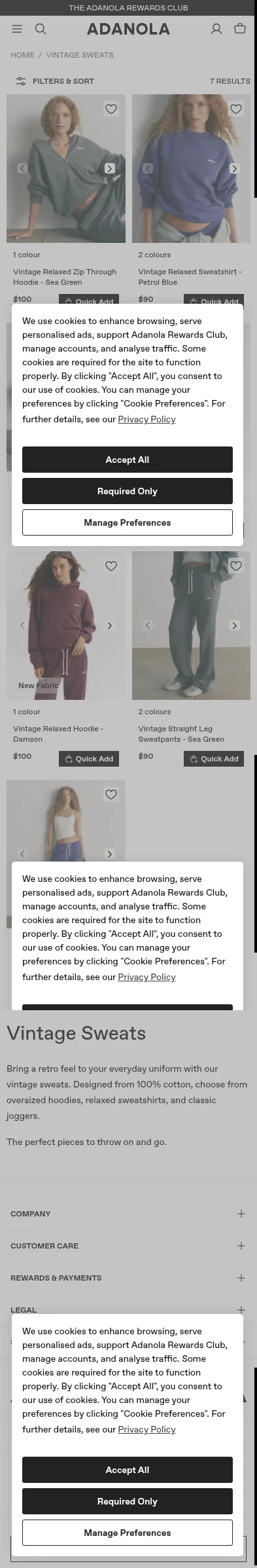 adanola.com/collections/vintage-sweats on mobile, full screenshot