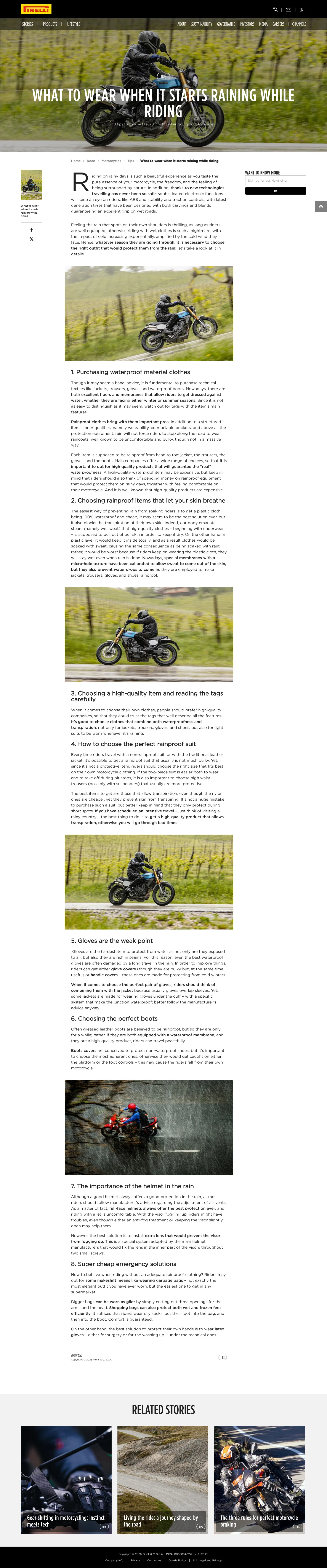pirelli.com/global/en-ww/road/motorcycles/tips/what-to-wear-when-it-starts-raining-while-riding-8-tips-to-choose-the-right-outfit-when-you-go-out-for-a-ride-97389 on desktop, full screenshot