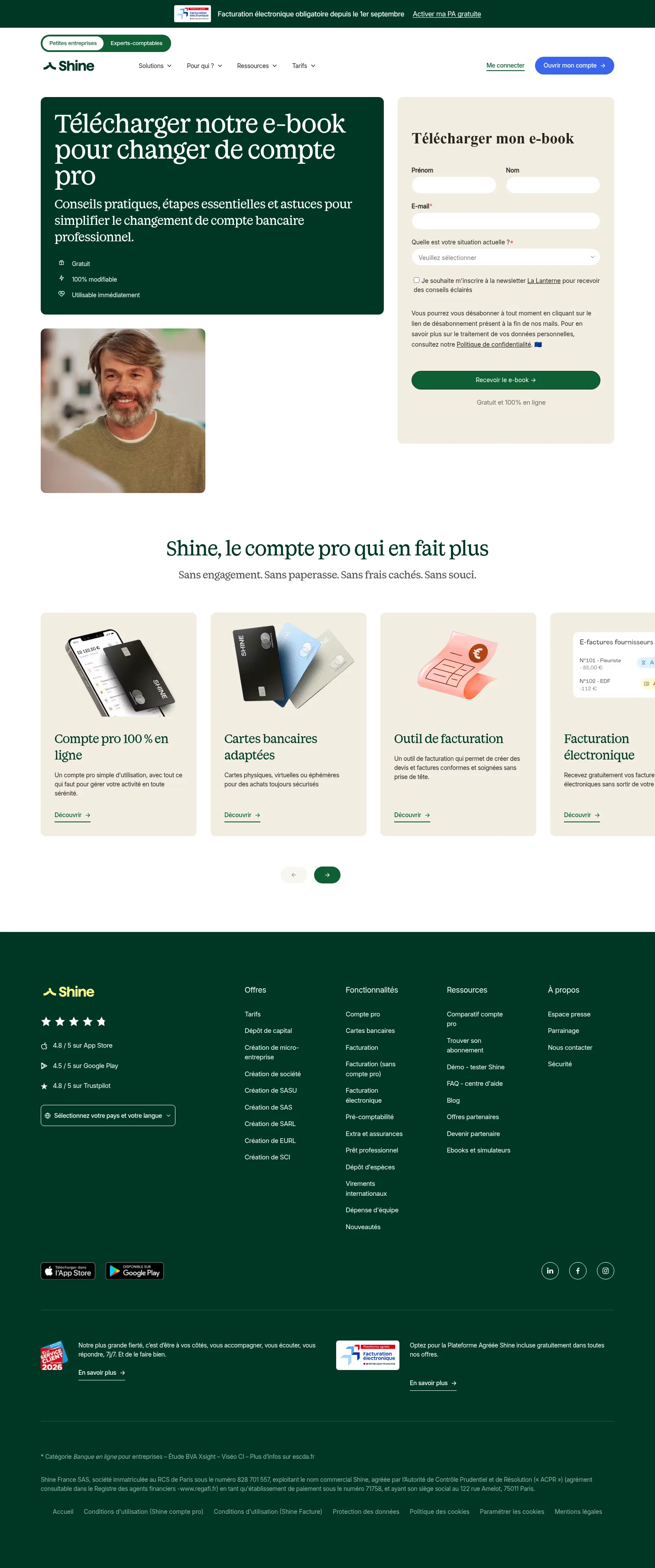 shine.fr/ebook-changer-compte-pro on desktop, full screenshot