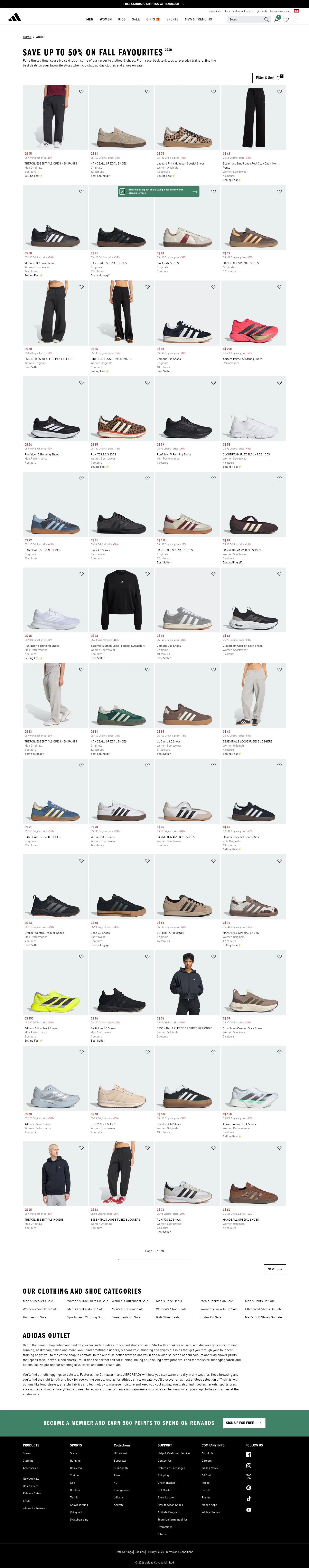 adidas.ca/en/outlet on desktop, full screenshot