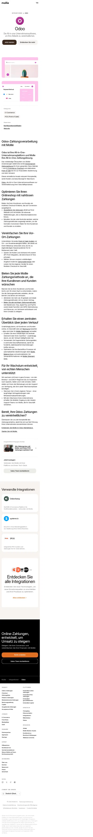 mollie.com/de/integrations/odoo on mobile, full screenshot