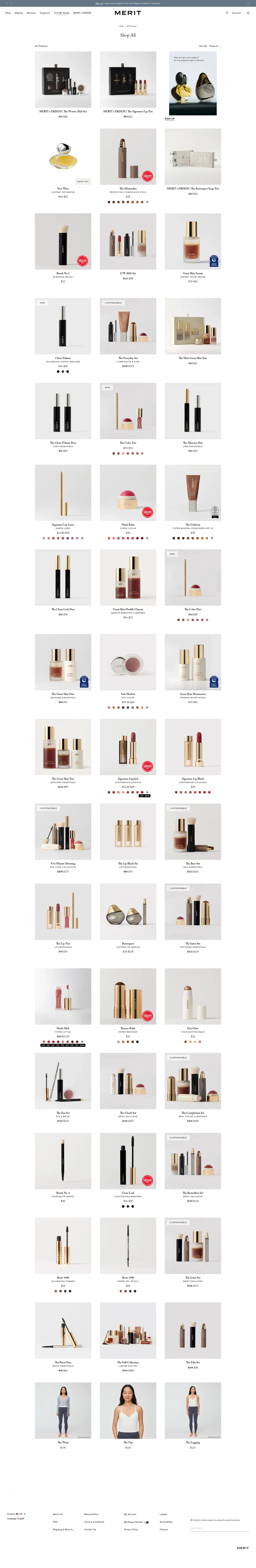 meritbeauty.com/collections/all-products on desktop, full screenshot