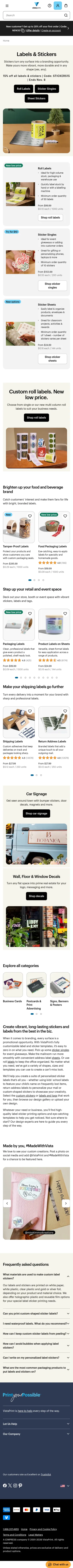 vistaprint.com/labels-stickers on mobile, full screenshot