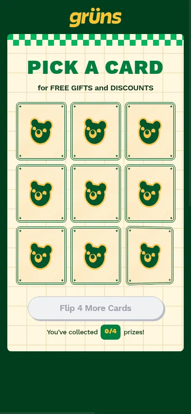 gruns.co/pages/flip-to-win on mobile, full screenshot
