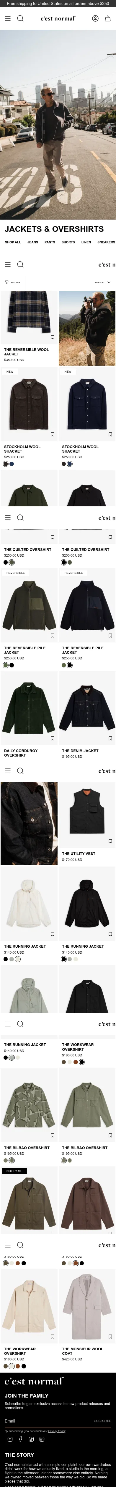 cestnormal.com/collections/jackets-overshirts on mobile, full screenshot