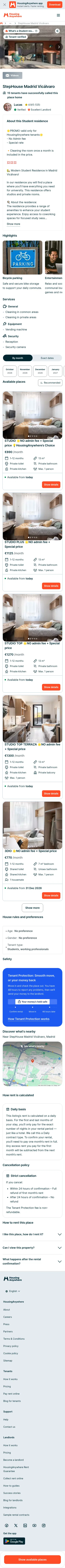 housinganywhere.com/s/Madrid--Spain/student-accommodation/vicalvaro-2225644 on mobile, full screenshot
