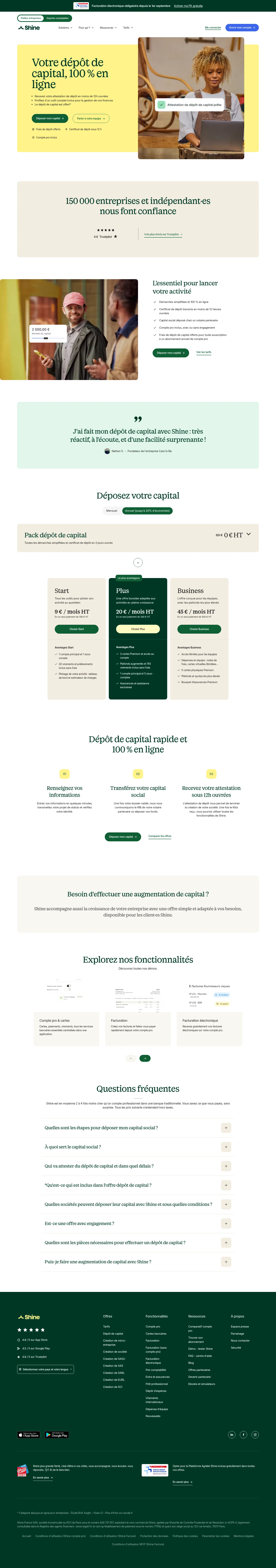 shine.fr/depot-de-capital on desktop, full screenshot