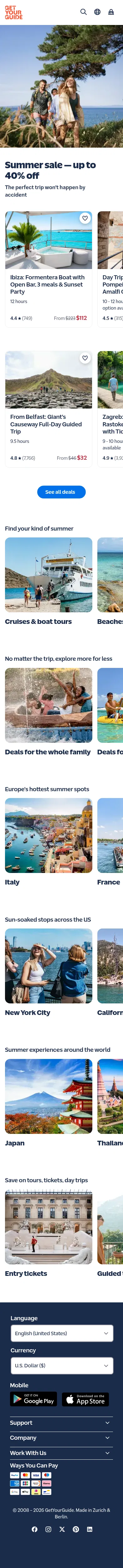 getyourguide.com/c/summer-sale on mobile, full screenshot