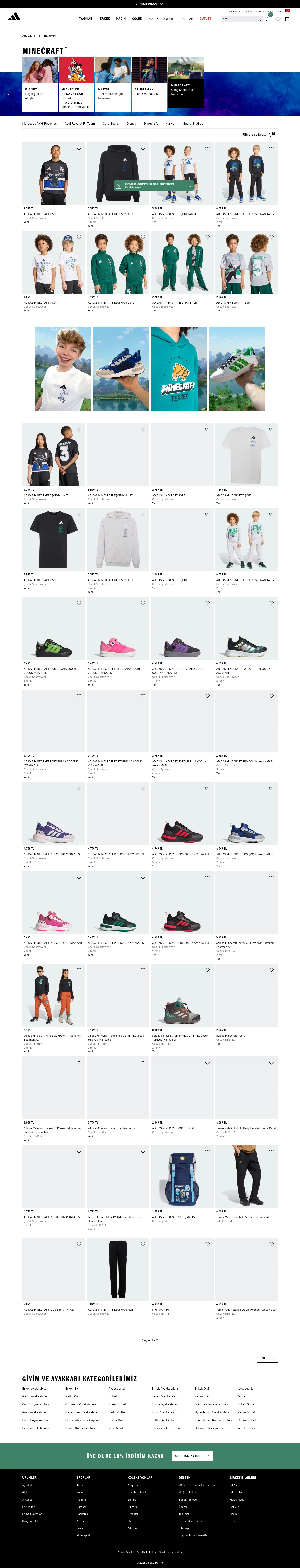 adidas.com.tr/tr/minecraft on desktop, full screenshot
