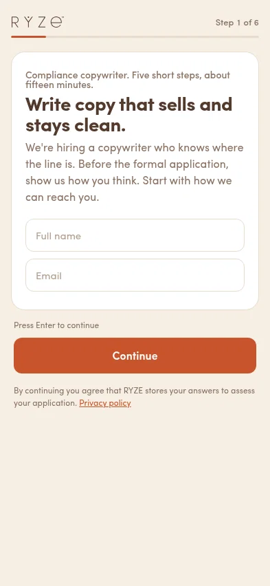 hire.ryzesuperfoods.com/compliance-copywriter on mobile