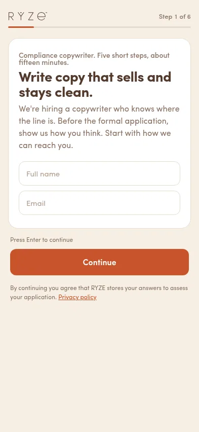 hire.ryzesuperfoods.com/compliance-copywriter on mobile, full screenshot