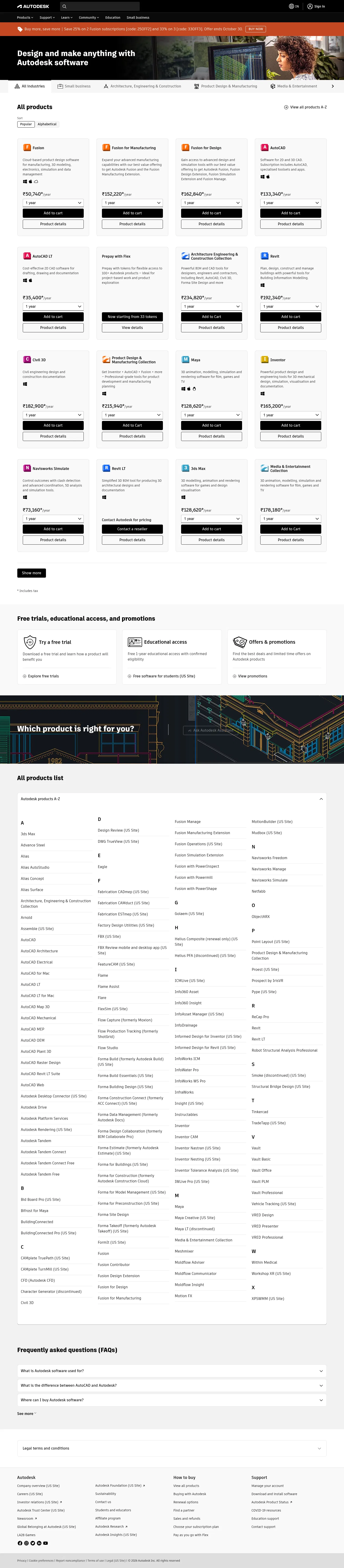 autodesk.com/in/products on desktop, full screenshot