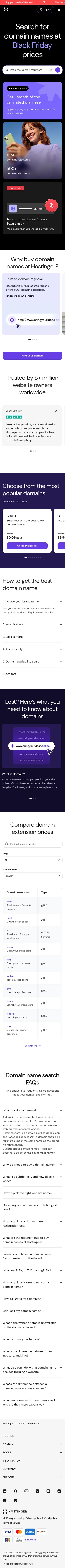 hostinger.com/domain-name-search on mobile, full screenshot