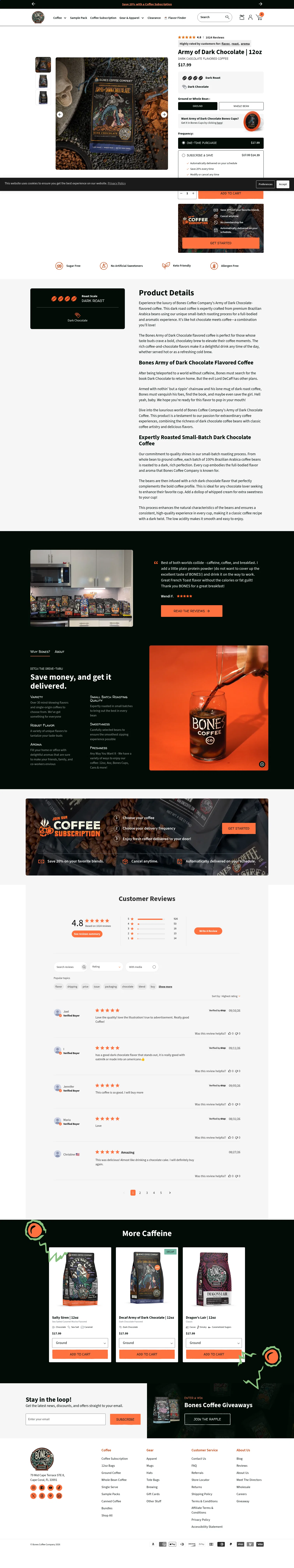 bonescoffee.com/products/army-of-dark-chocolate-12oz on desktop, full screenshot