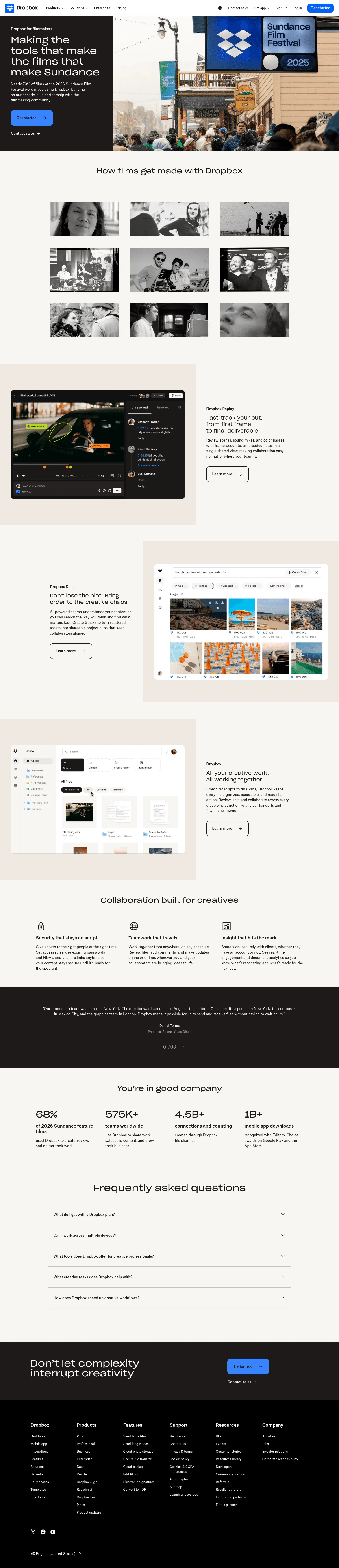 dropbox.com/business/solutions/creatives on desktop, full screenshot