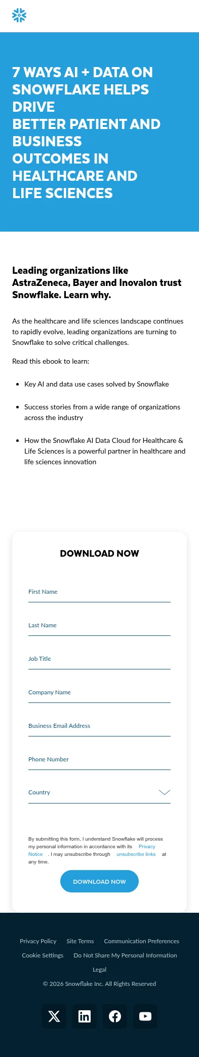 snowflake.com/en/resources/ebook/7-ways-ai-data-on-snowflake-helps-drive-better-patient-and-business-outcomes-in-healthcare-and-life-sciences on mobile, full screenshot