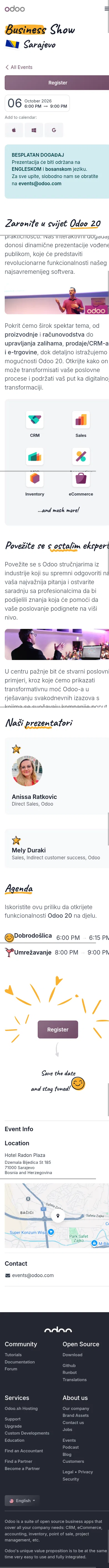 odoo.com/event/business-show-sarajevo-11946/register on mobile, full screenshot
