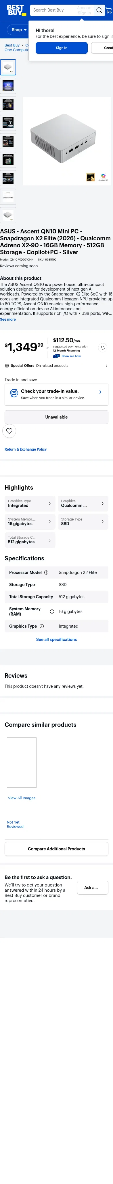bestbuy.com/product/asus-ascent-qn10-mini-pc-snapdragon-x2-elite-2026-qualcomm-adreno-x2-90-16gb-memory-512gb-storage-copilot-pc-silver/JJGHGSHWQH/sku/6685192 on mobile