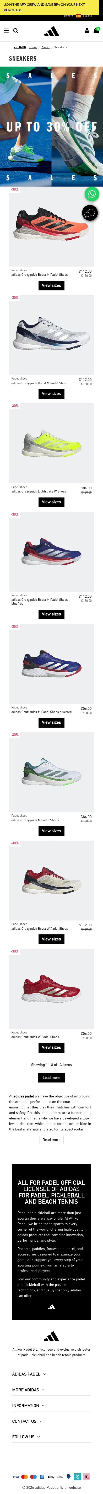 allforpadel.com/en/60-sneakers on mobile, full screenshot