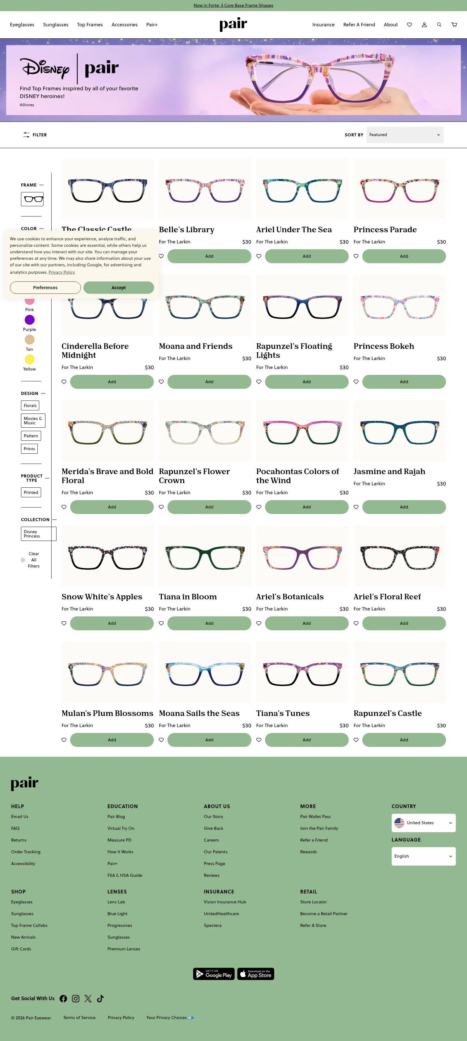 paireyewear.com/top-frames/disney-princess on desktop