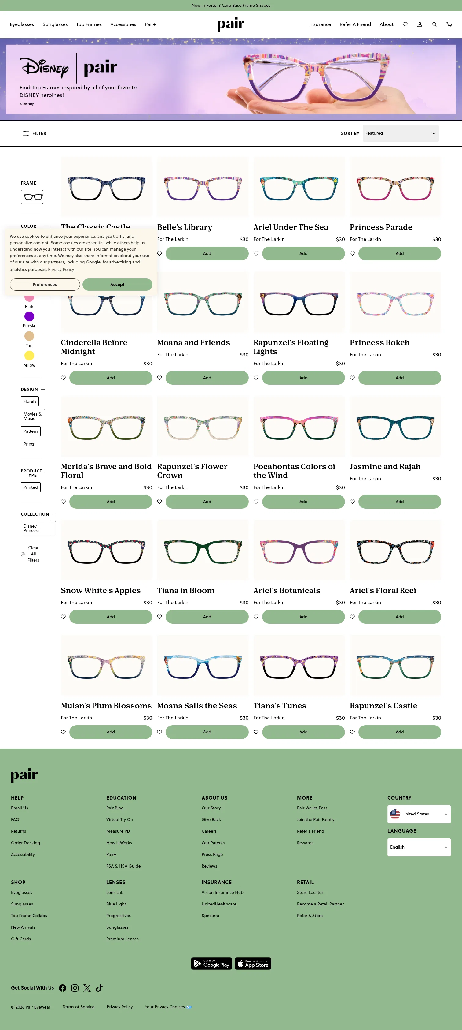 paireyewear.com/top-frames/disney-princess on desktop, full screenshot