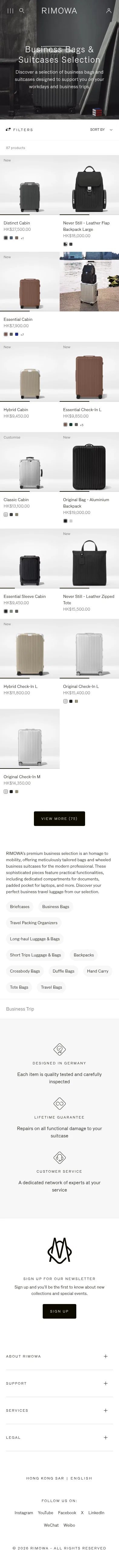 rimowa.com/hk/en/business-selection on mobile, full screenshot