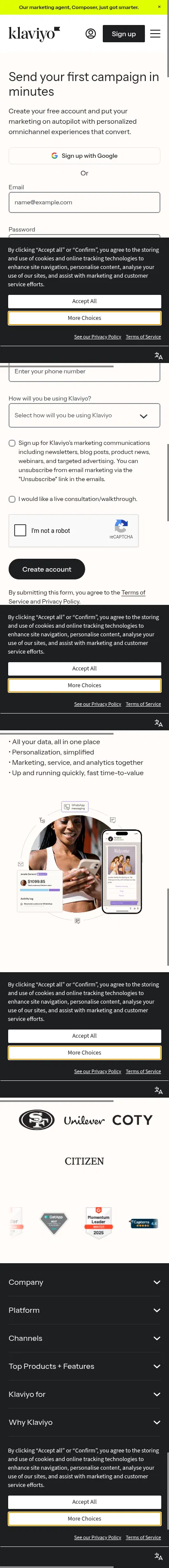 klaviyo.com/grow/sign-up on mobile, full screenshot