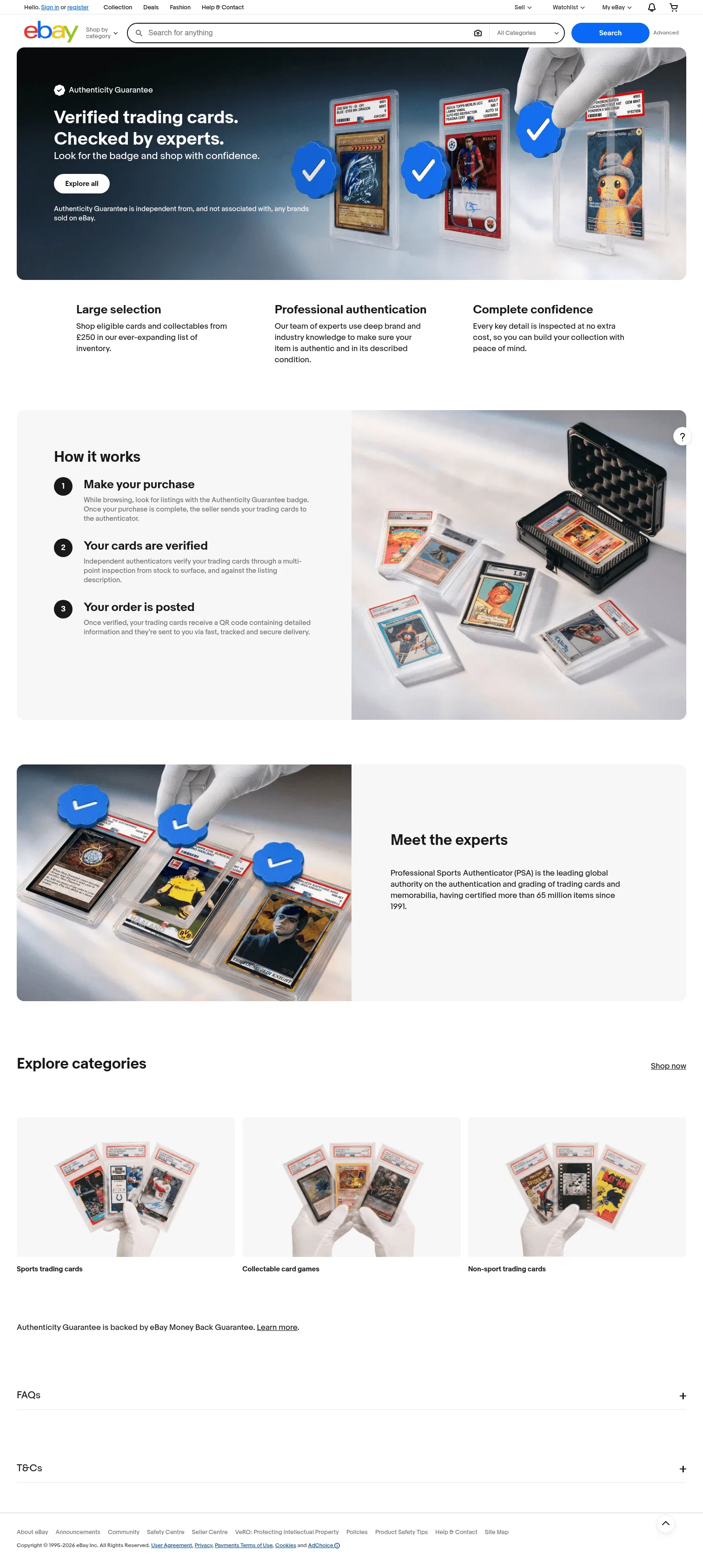 pages.ebay.co.uk/authenticity-guarantee/tradingcards on desktop, full screenshot