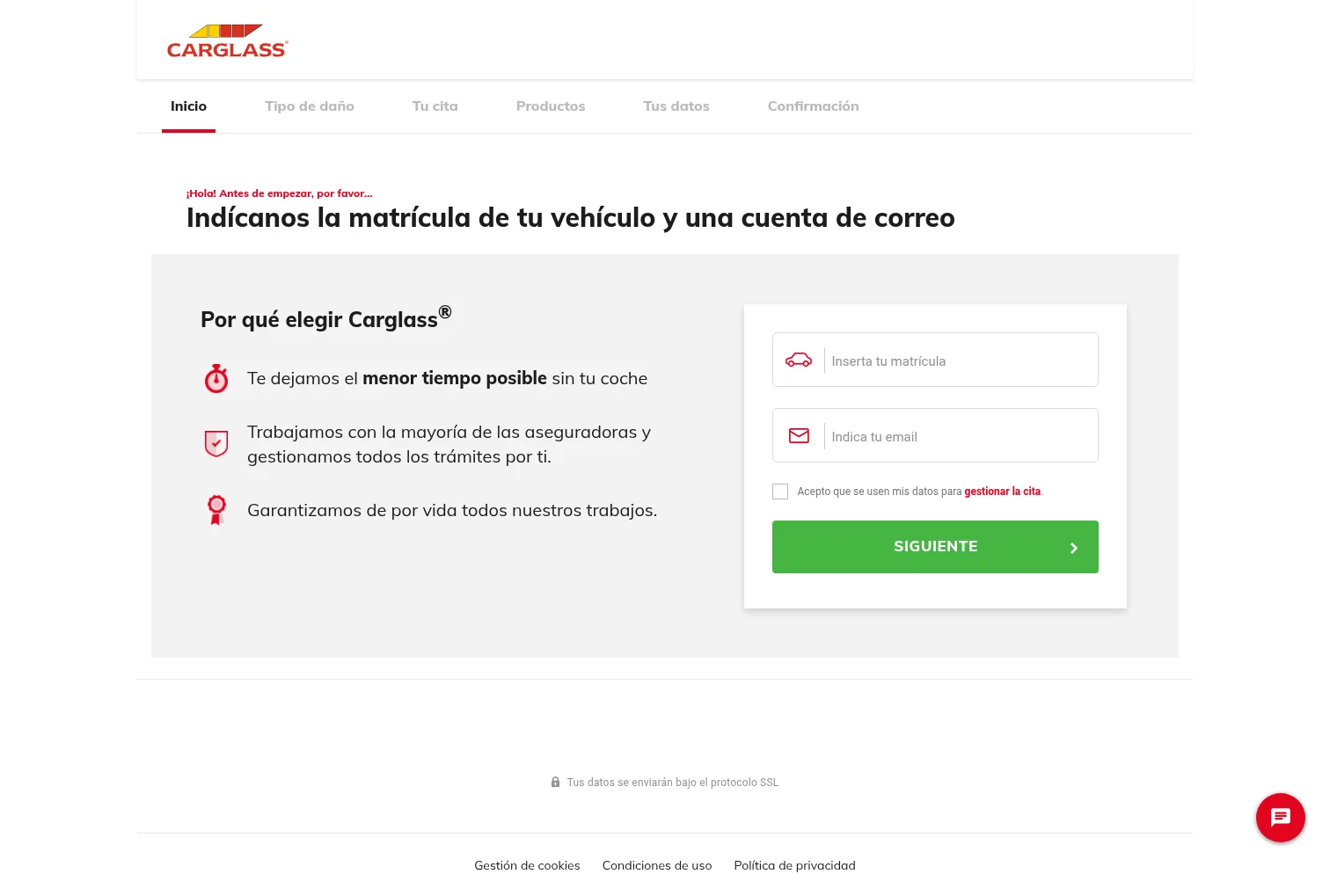 Carglass landing page