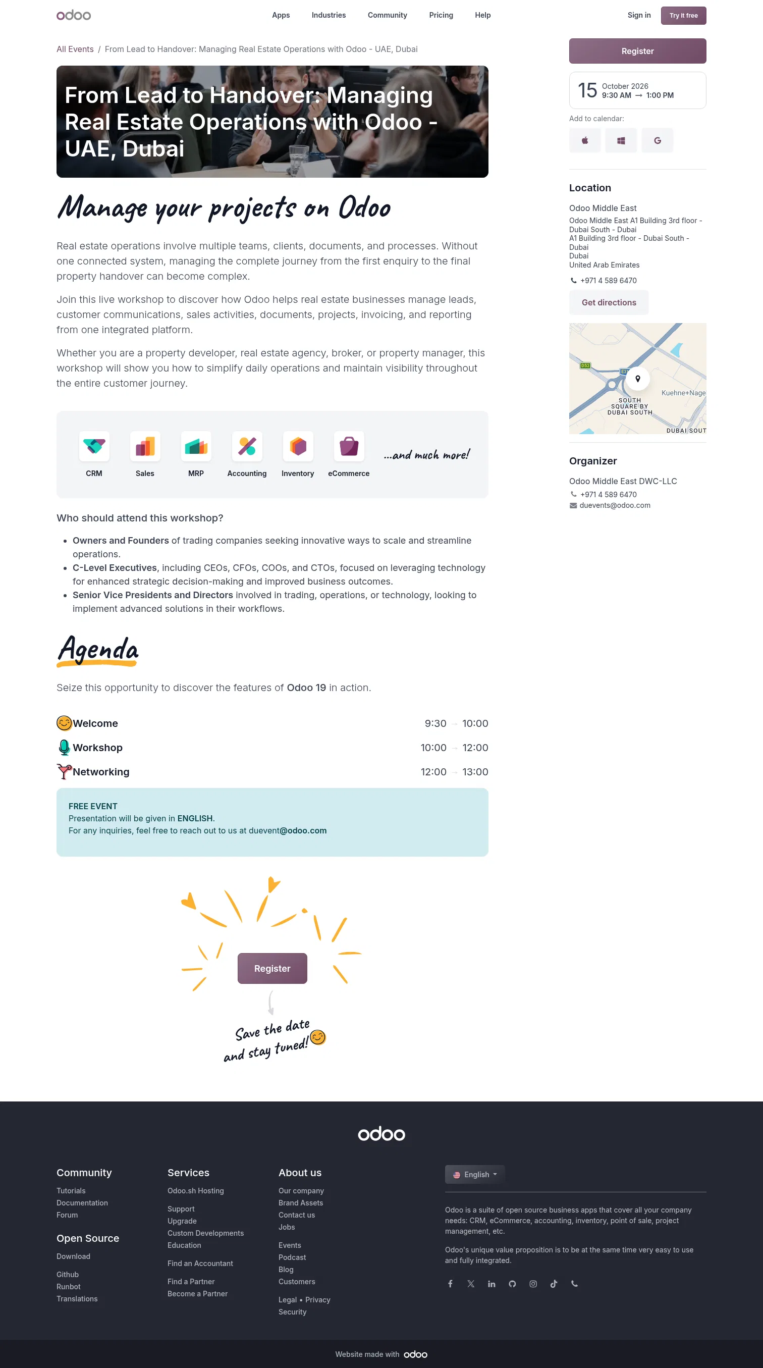 odoo.com/event/from-lead-to-handover-managing-real-estate-operations-with-odoo-uae-dubai-12206/register on desktop, full screenshot
