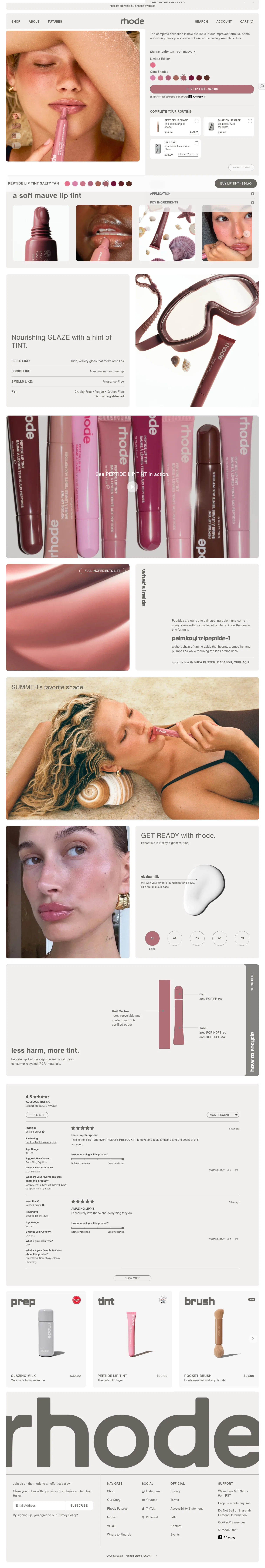 rhodeskin.com/products/peptide-lip-tint-salty-tan on desktop, full screenshot