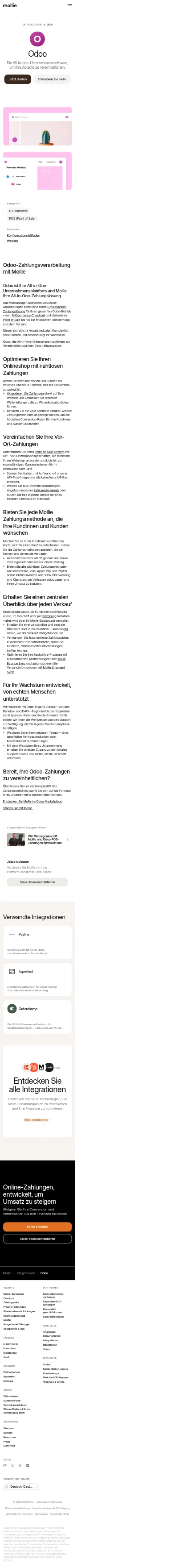 mollie.com/de/integrations/odoo on mobile, full screenshot